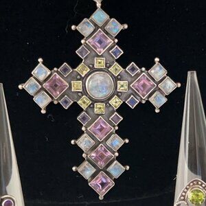 Nicky Butler Necklace Exotic Sterling Multi Gemstones 3" Cross Pendant